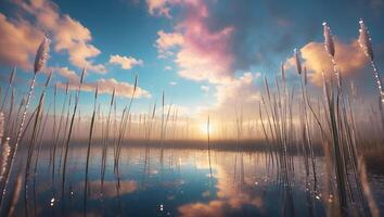 Still Water Reflecting Sky at Sunset with Reeds in Foreground photo