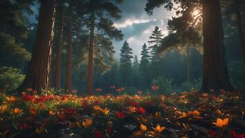 Exploring Forest Floor with Blooming Flowers and Tall Trees Scenery photo