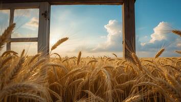 Wheat Field Viewed Through Window Frame on Sunny Day photo