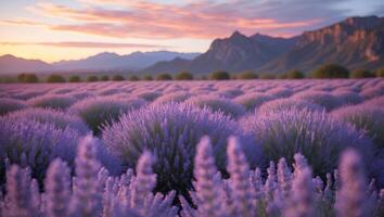 Lavender Field Landscape at Sunset with Mountains and Colorful Sky photo