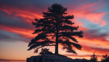 Lone Pine Tree Silhouette Against Dramatic Sunset Sky on Rocky Outcrop photo
