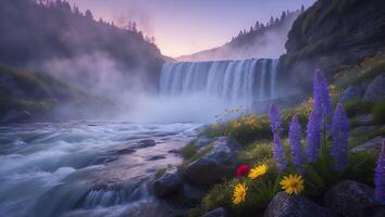 Majestic Waterfall Flowing in Nature Landscape with Wildflowers in Foreground photo
