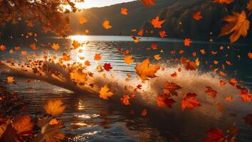Floating Autumn Leaves Over a Lake at Sunset with Sun Reflection photo