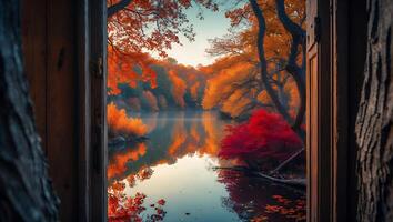Viewing Autumn Forest Lake Through Open Door with Colorful Reflections photo