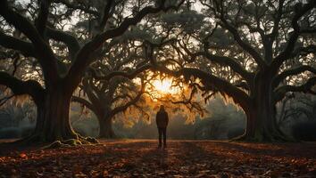Person Walking in Forest with Ancient Oak Trees and Golden Sunset photo