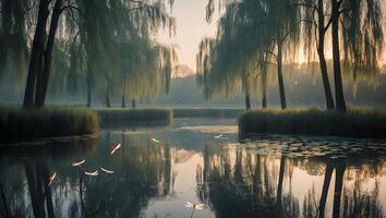 Calm Pond Reflecting Willow Trees and Flying Insects at Dawn photo