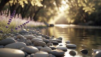Tranquil River Scene with Lavender and Smooth Stones on Shoreline photo