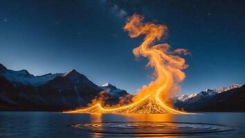 Fiery Glow Rising From Lake Water with Mountain Backdrop at Night photo