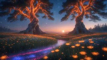 Glowing Trees and Winding Stream at Sunset in Dreamy Meadow photo