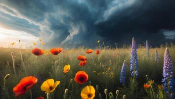 Vibrant Meadow with Poppies and Lupines Under Dramatic Cloudy Sky photo