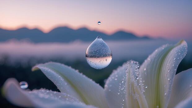 Water Drop Falling Towards Flower Petals with Mountain View photo