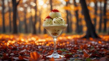 Ice Cream in Autumn Forest Setting with Falling Leaves Ambiance photo