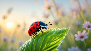 Ladybug Walking on Green Leaf in Meadow Under Bright Sunlight photo