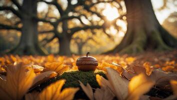 Acorn Ornament Displayed on Mossy Ground Among Fall Leaves photo