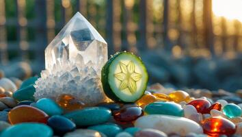 Crystal and Cucumber Slice on Colorful Stones in Natural Sunlight photo