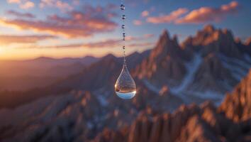 Water Drop Reflecting Mountain Landscape at Sunrise with Pastel Sky photo