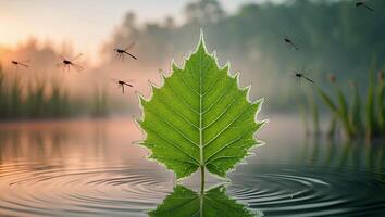 Green Leaf Floating in Water with Dragonflies on Misty Morning photo