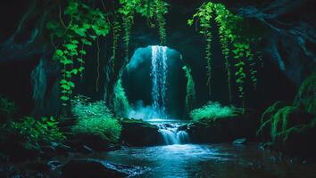 Waterfall Flowing Through Cave Entrance with Lush Green Vegetation photo