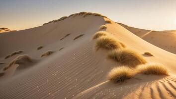 Sand Dune Landscape with Golden Light and Dry Grass Texture photo