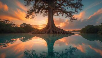 Reflecting Tree in Tranquil Water at Sunset with Colorful Sky photo