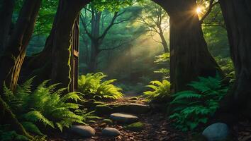 Walking Into a Lush Green Forest Path with Sunlight Shining Through photo