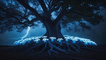 Dramatic Tree and Lightning Strike with Glowing Plants at Night photo