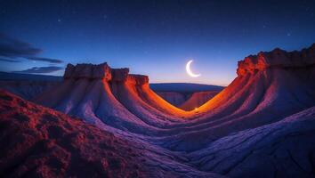 Crescent Moon Rising Over Desert Landscape with Vibrant Colored Light photo