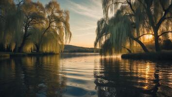 Still Water Reflecting Willow Trees at Dusk Peaceful Nature Scene photo