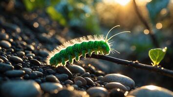 Green Caterpillar Walking on Twig in Nature with Sunlight photo