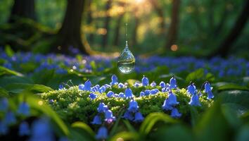 Water Drop Reflecting Forest Over Blue Wildflowers on Mossy Ground photo