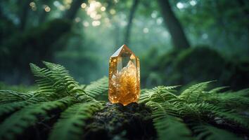 Citrine Crystal Point on Moss in Forest Setting with Ferns photo