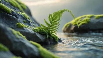 Fern Growing Near Flowing Stream Water Surrounded by Mossy Rocks photo