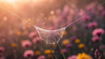 Delicate Cobweb Adorned with Dewdrops and a Backdrop of Flowers photo