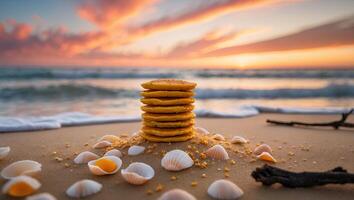 Pancake Stack at Beach During Sunset Surrounded by Sea Shells photo