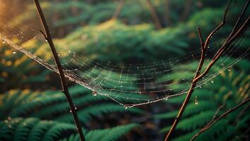 Spiderweb with Water Droplets Glitters in Sunlight with Lush Ferns photo