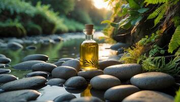 Oil Bottle and Pebble Stones by the Water Stream Foliage photo