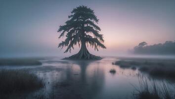 Solitary Tree Standing in Foggy Marsh Reflecting in Calm Water photo