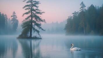 Swan Swiming on Misty Lake with Island Pine Tree Scenery photo
