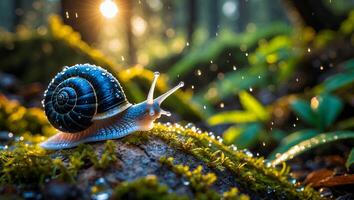 Snail Crawling on Mossy Rock in Forest with Sunlight and Rain photo