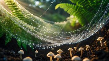 Dew Covered Spiderweb with Small Mushrooms in a Forest Setting photo