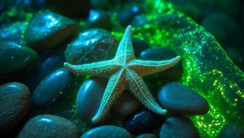 Starfish Resting on Smooth Rocks with Glimmering Green Light Details photo