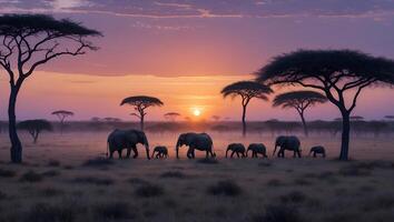 Elephant Family Walking Across Savanna at Sunset with Silhouetted Trees photo
