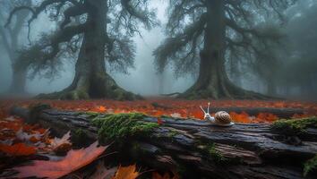 Snail Crawling on Log in Autumn Forest with Foggy Background photo