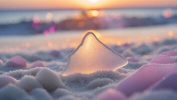 Sea Glass on Sandy Beach at Sunset with Gentle Waves photo
