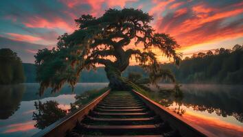Dramatic Sunset Sky Reflecting on Lake with Tree and Railroad Tracks photo