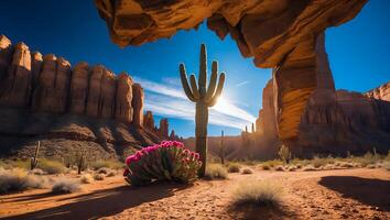 Exploring the Desert Cactus Garden with Towering Rock Formations photo