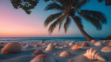 Seashells on Tropical Beach with Palm Tree at Sunset photo