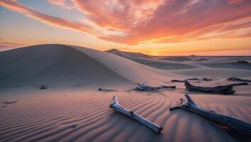 Exploring Sand Dunes at Sunset with Driftwood and Striped Patterns photo