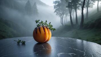 Peach Still Life with Herbs on Stone Table in Misty Landscape photo