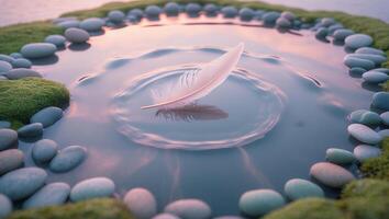 Feather Floating on Water Surrounded by Stones and Moss photo